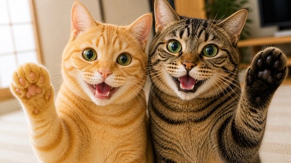 茶トラ猫ソラとキジトラ猫リクが並んでカメラを見つめ、笑顔のような表情を見せる可愛いツーショット