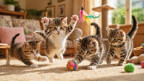 ジャンプして遊ぶ子猫たち　好奇心旺盛な成長期の行動イメージ