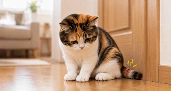 尻尾を挟んでしまい落ち込んだ表情をする三毛猫