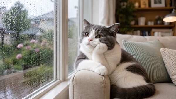 雨の窓辺でぼんやり外を眺めながら考えごとをする猫