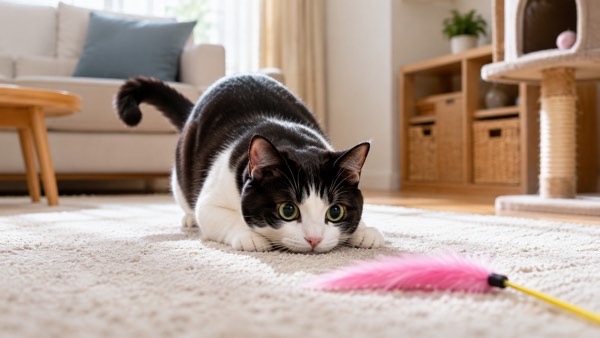 猫じゃらしを狙いながら尻尾を動かして集中するハチワレ猫