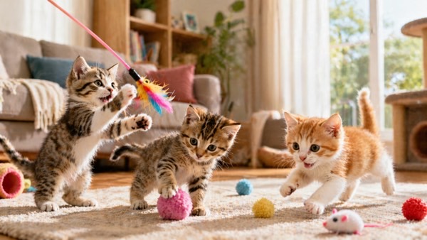 おもちゃで元気に遊ぶ子猫たち　性別に関係なく活発な子猫期の様子