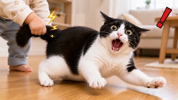 子どもに尻尾を強く掴まれて驚くハチワレ猫
