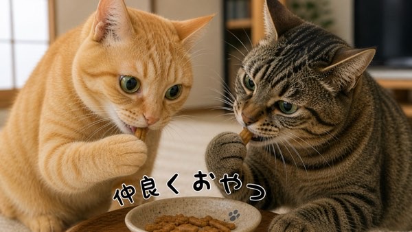 茶トラ猫ソラとキジトラ猫リクが仲良く並んでおやつを食べる微笑ましい様子