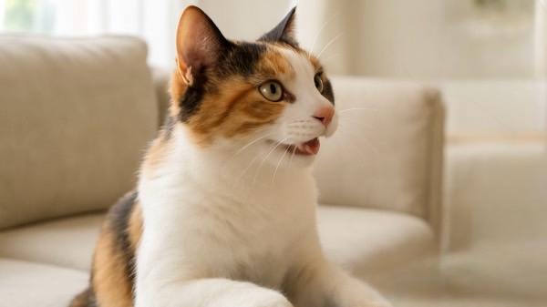 落ち着いた表情で座る三毛猫　クールでマイペースなメス猫のイメージ