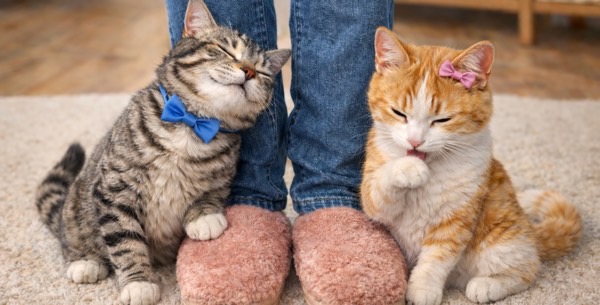 飼い主の足元で甘える2匹の子猫　距離感の違いを見せる性格の対比イメージ