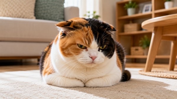 耳を伏せて不機嫌そうな表情を見せる三毛猫