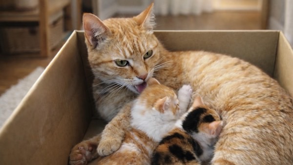 子猫に授乳する母猫　メス猫の母性と子育てのシーン
