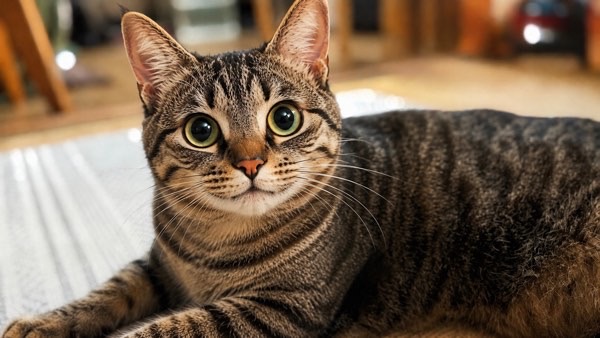 大きな目で飼い主を見つめるキジトラ猫