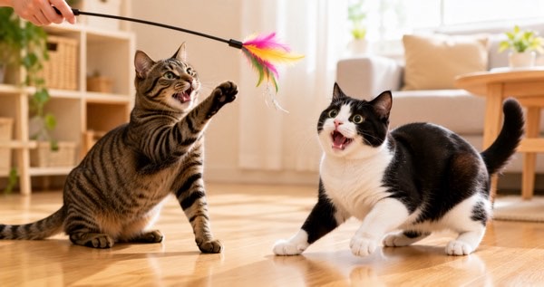 猫じゃらしで楽しく遊ぶキジトラ猫とハチワレ猫