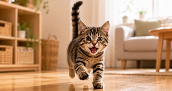 尻尾をピンと立てながら元気に駆け寄ってくるキジトラ子猫