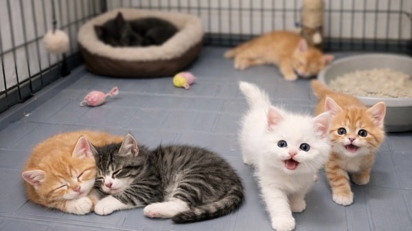保護施設で過ごす子猫たちの様子　里親を待つ猫たちとの出会いのシーン