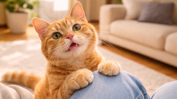 膝に手をかけて甘える茶トラ猫　人懐っこさを表すオス猫のイメージ