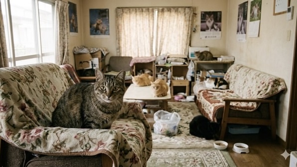 多くの猫がいる室内の様子　多頭飼育崩壊をイメージした環境