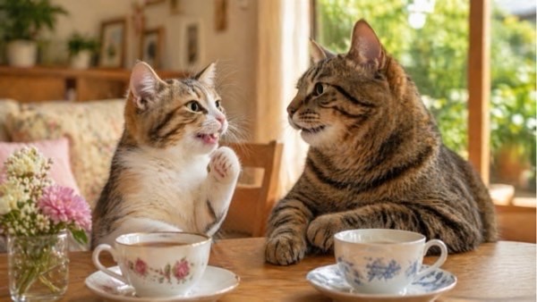 テーブル越しに向き合う2匹の成猫　落ち着いた距離感とコミュニケーションの様子