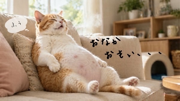 お腹を見せて横になる妊娠中の猫　妊娠や出産の大変さと母猫の体の変化を感じさせる様子