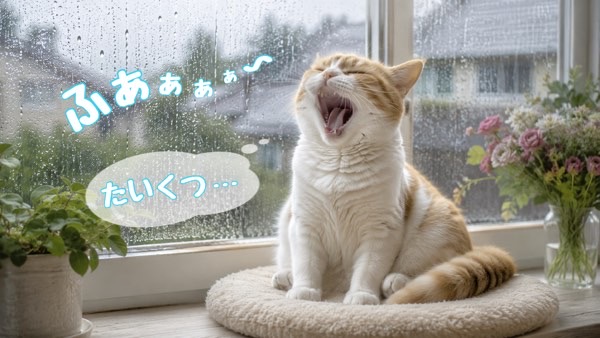 雨の景色を見ながら大きなあくびをして退屈そうに過ごす猫