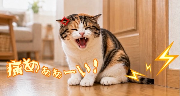 ドアに尻尾を挟んで痛がる三毛猫の様子