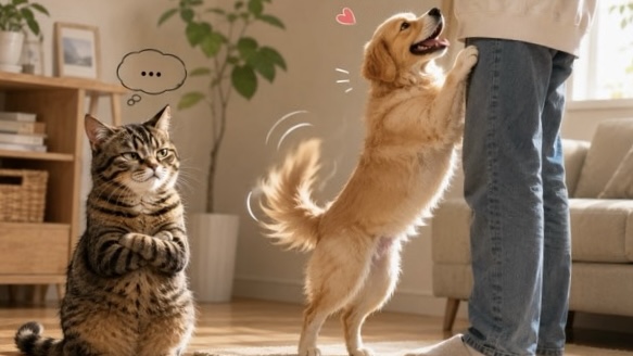 犬に甘える飼い主を腕組みしながら冷静に見つめるキジトラ猫