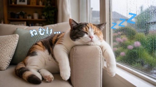 雨の日の窓辺で気持ち良さそうにうたた寝する三毛猫