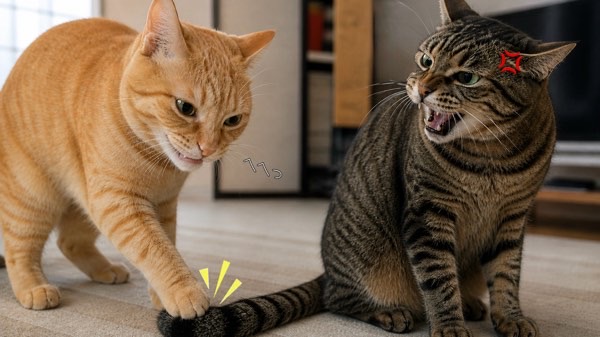茶トラ猫ソラがキジトラ猫リクのしっぽをわざと踏み、リクが驚いて振り返る瞬間　猫のちょい意地悪に見える行動と遊びの心理、2匹の関係性が伝わる日常のワンシーン