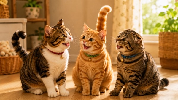 尻尾の形が異なる3匹の猫が向かい合っている様子