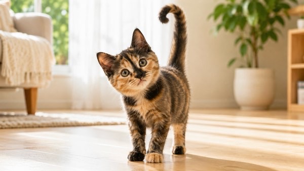ハテナしっぽを見せながら興味津々で近づくサビ猫