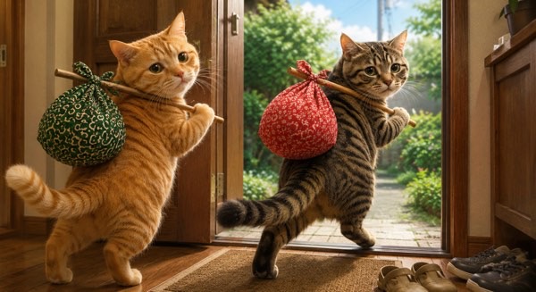 荷物を背負って家出しようとする茶トラ猫とキジトラ猫