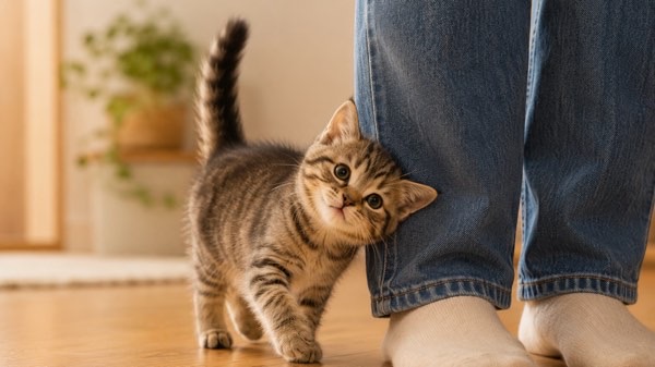 尻尾を立てて飼い主の足にスリスリ甘える子猫