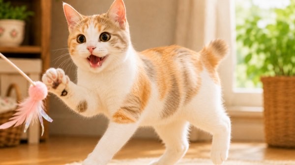 ジャパニーズボブテイルの子猫が猫じゃらしで遊ぶ様子