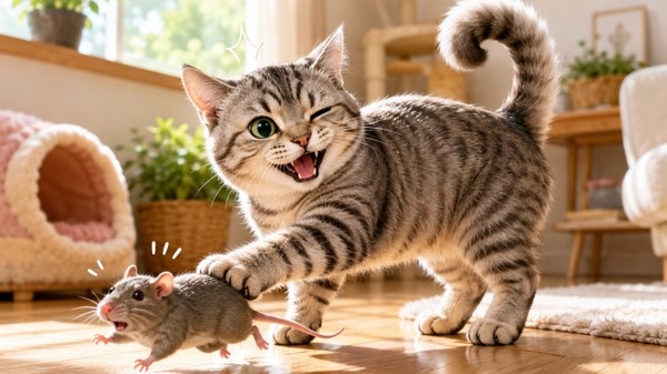 鍵尻尾の猫がネズミを捕まえて得意そうな表情を見せる様子