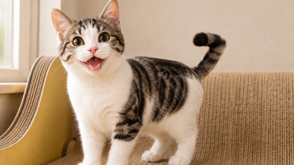 先端が曲がった鍵尻尾を見せる白キジ猫