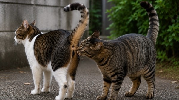 尻尾を立ててお尻の匂いを確認し合う猫同士の挨拶