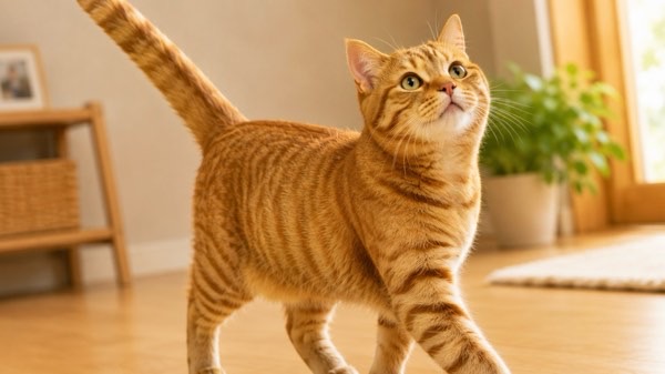 尻尾をピーンと立てて飼い主を見上げる茶トラ猫