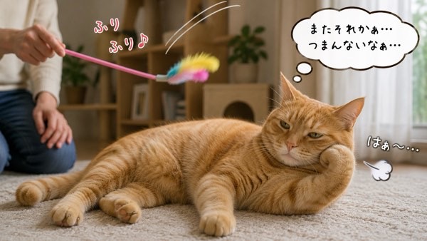 猫じゃらしに興味を示さず退屈そうに寝転ぶ茶トラ猫