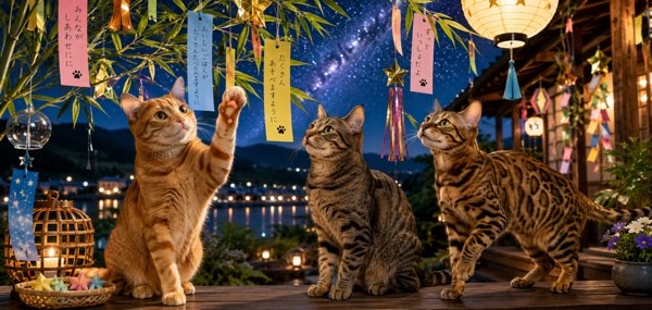 七夕飾りと短冊を見上げながら七夕を楽しむ3匹の猫たち