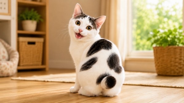 尻尾が短いボブテイル猫が笑顔で座る様子
