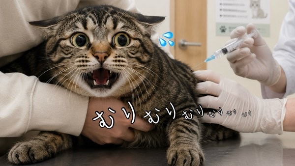 注射を前に不安そうな表情を見せるキジトラ猫
