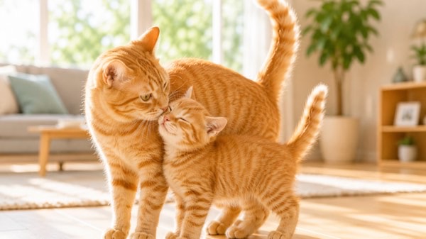 尻尾を立てて挨拶する母猫と子猫の微笑ましい触れ合い