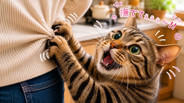 飼い主の服を引っ張りながら撫でてとアピールするキジトラ猫