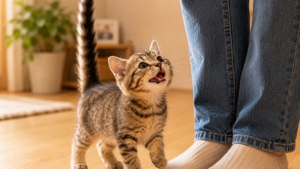 尻尾を真っすぐ立てて飼い主に甘える子猫