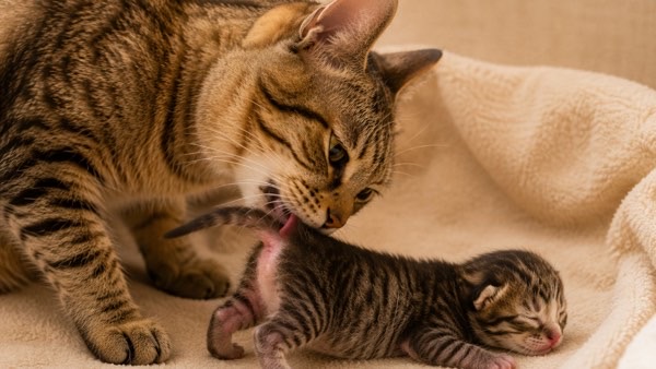 子猫の排泄を促すためにお尻を舐める母猫の育児風景