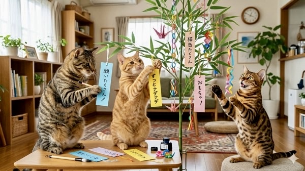 七夕の短冊を飾りながら願いごとを考える3匹の猫たち