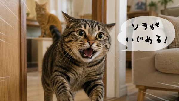 ソラに怒られたと訴えるように駆け寄ってくるキジトラ猫