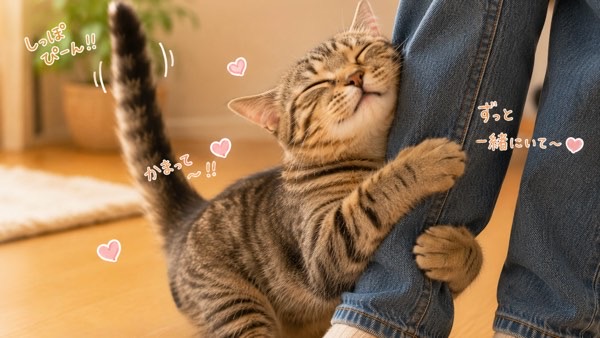 尻尾を立てながら飼い主に抱きついて甘えるキジトラ猫