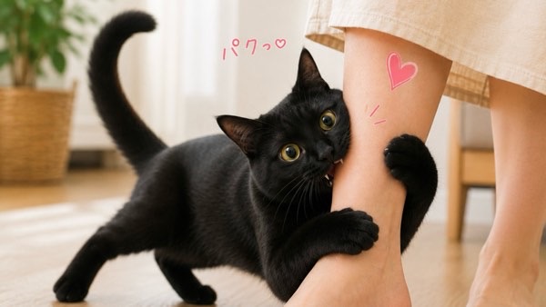 飼い主のふくらはぎに甘噛みする黒猫の構ってアピール