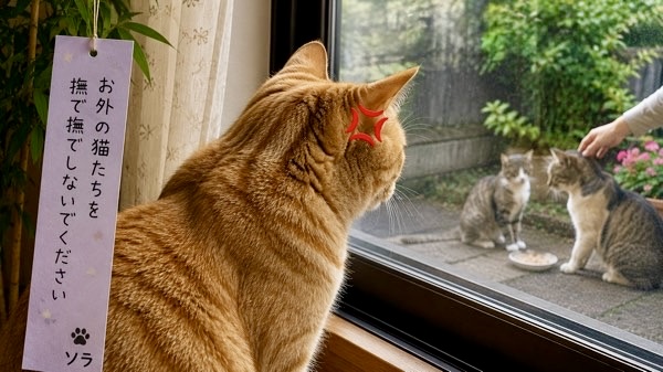外の地域猫を見つめながら嫉妬する茶トラ猫