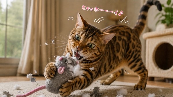 ネズミのおもちゃを夢中で破壊しながら遊ぶベンガル猫