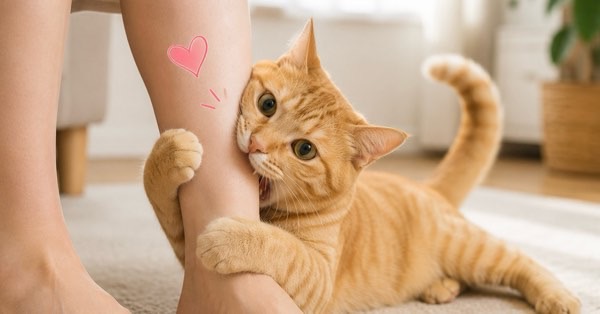 飼い主のふくらはぎにパクッと噛みついて甘える茶トラ猫