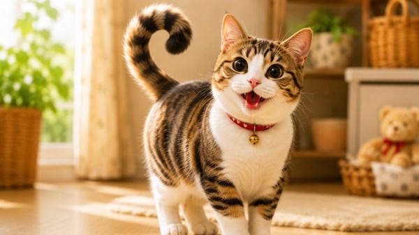 先端がくるんと曲がったハテナしっぽの三毛猫